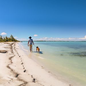 Florida favorites: man and dog walking beautiful remote Florida beach