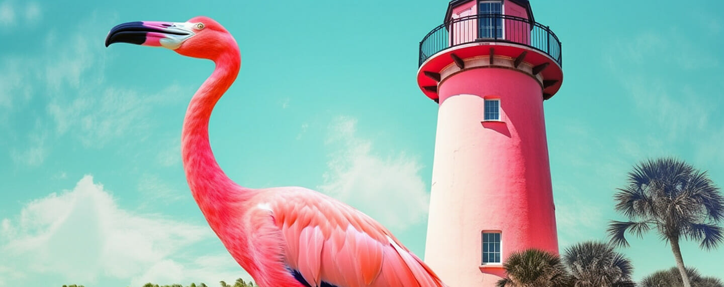 Do flamingos fly? Flamingo in front of lighthouse