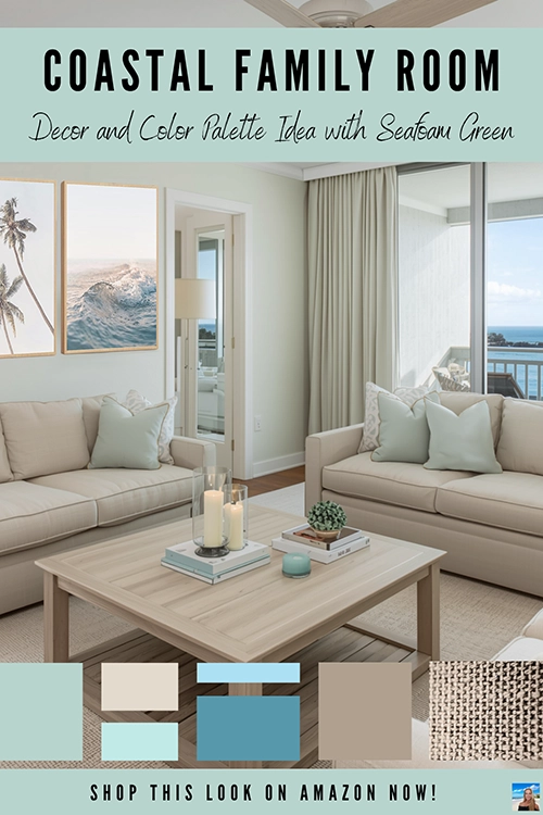 Coastal Family Room Decor and Color Palette Idea with Seafoam Green