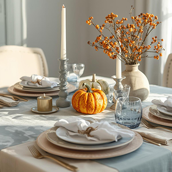 Coastal holiday dining decor with a pumpkin