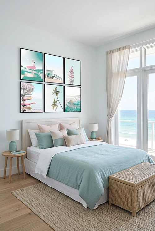 Coastal beachy bedroom with aqua blue, sand and pink flamingo accent