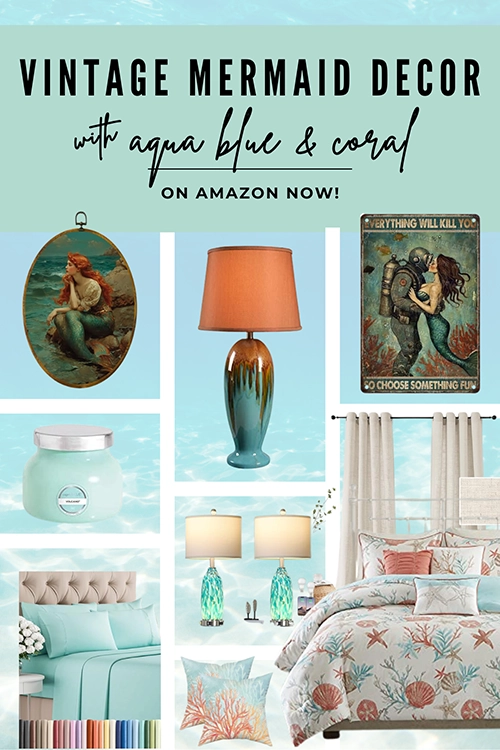Vintage mermaid decor with aqua blue and coral