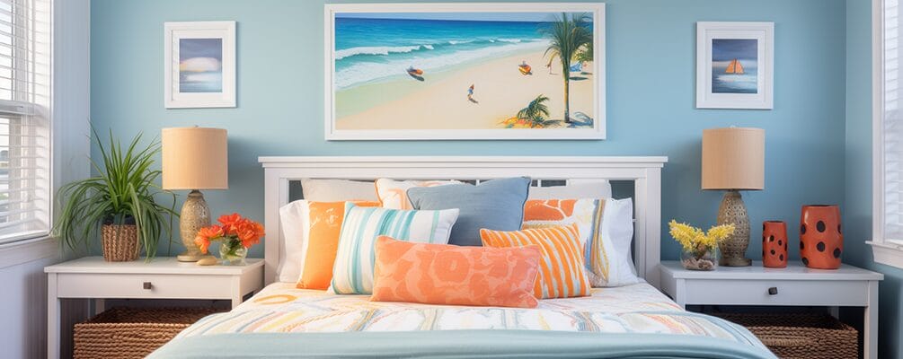 beach home accents in bedroom with blue and coral color scheme