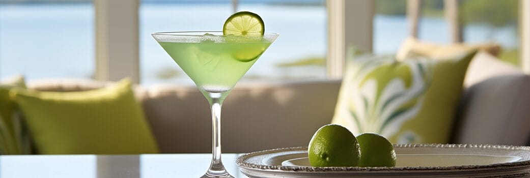 key lime cocktails martini sitting in a pretty coastal living room