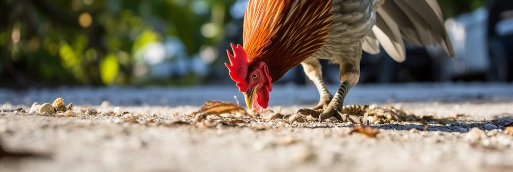 Key West rooster eating bugs on the street