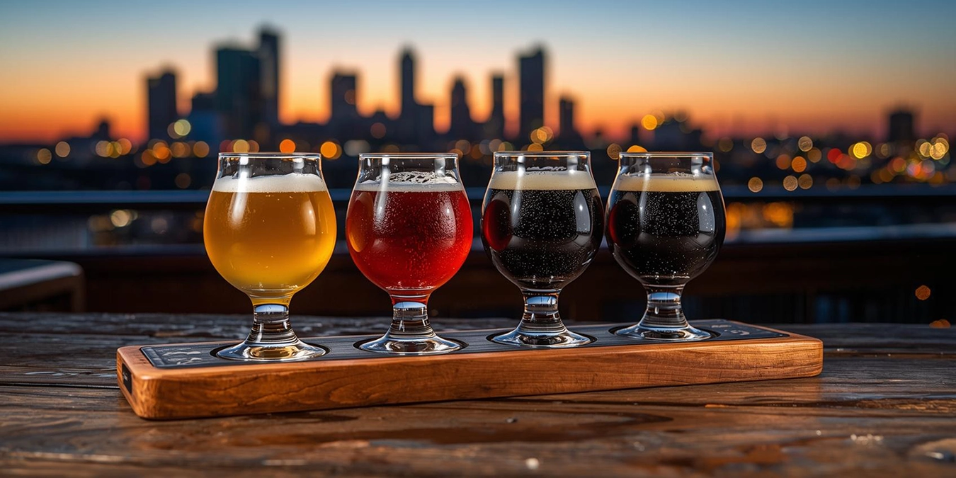 best breweries in Tampa to visit - flight of beer in front of Tampa skyline