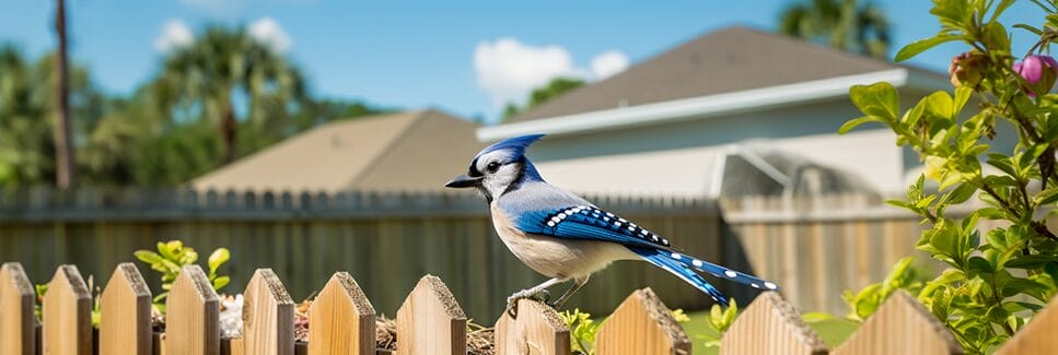 bluejay bird in a Florida backyard sitting on a fence