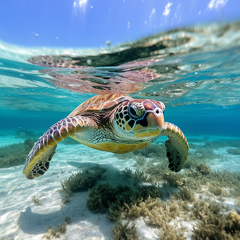 sea turtle in beautiful blue shallow water