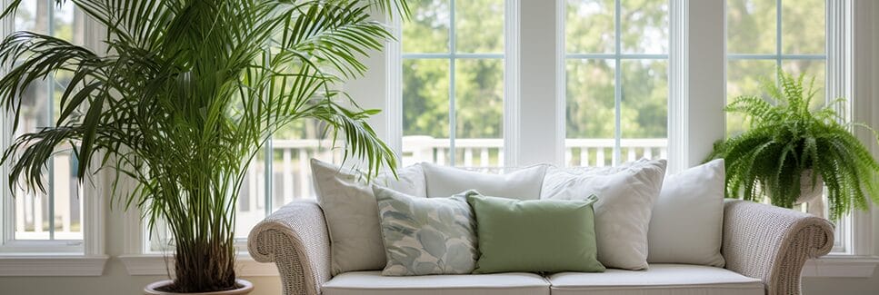 areca palm in a pot growing in a lovely South Florida living room by a sunny window