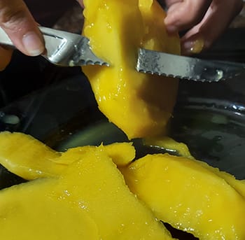 cutting Valencia Pride mango into delicious slices