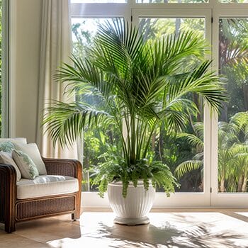 kentia palm growing indoros ina pot in a South Florida home