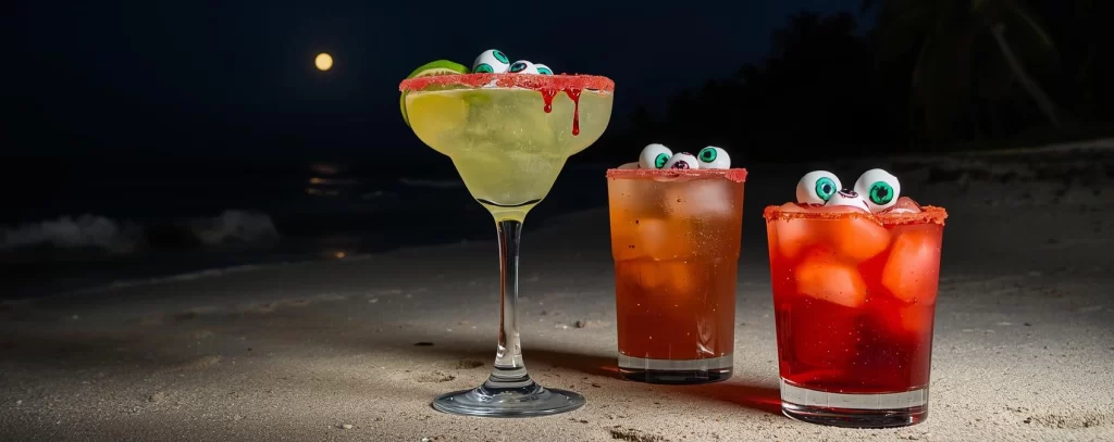 Beachy Halloween Cocktail Ideas with eyeball candy and red rim sugar like blood on a beach at night