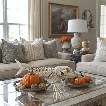 Beachy Halloween Decoration Ideas Fish Skeleton on a coffee table with pumpkins in muted colors