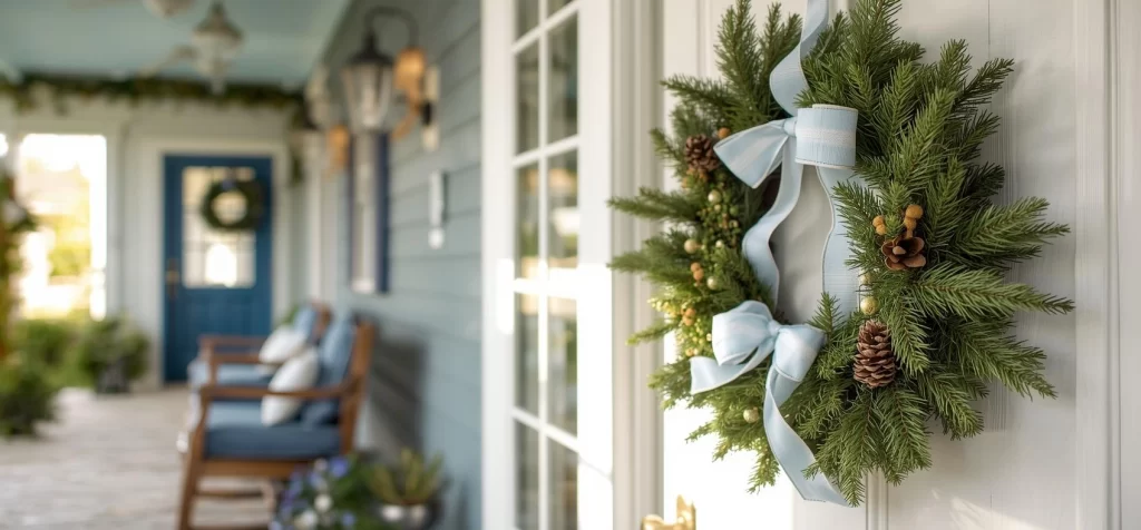 beachy Christmas wreath on a Florida front porch
