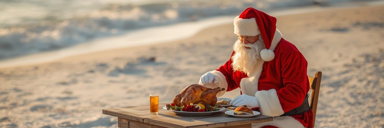 What restaurants open Thanksgiving Day in Florida Santa on a Florida Beach eating Thanksgiving Dinner