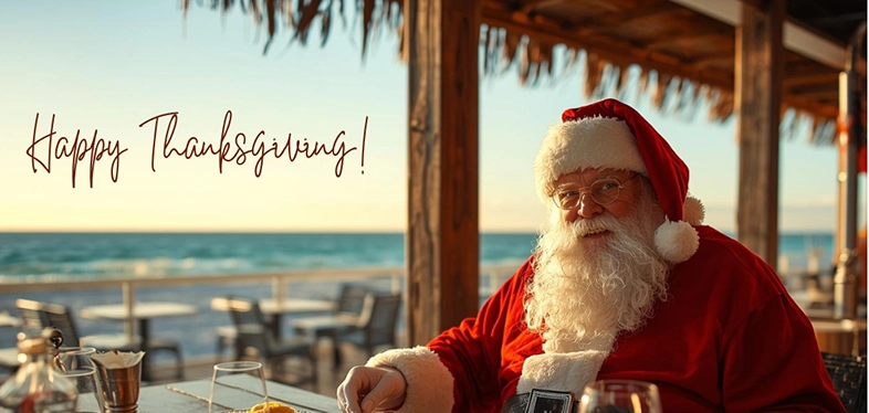 Santa enjoying Thanksgiving Dinner at an oceanfront restaurant open on Thanksgiving Day in Pensacola