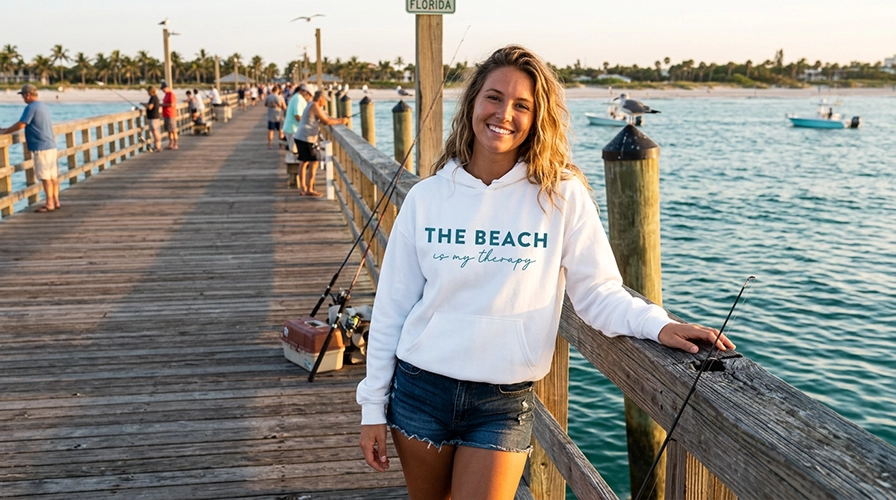 Beach hoodie on a woman at a Florida fishing pier