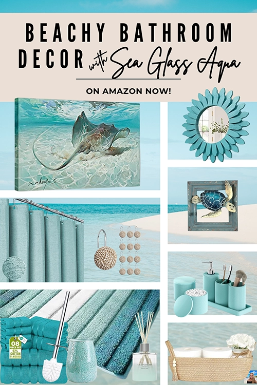 beachy bathroom decor with sea glass aqua colored accessories