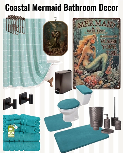 coastal vintage mermaid bathroom decor with aqua accessories