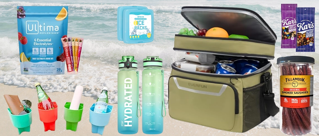 Beach snacks and drink essentials